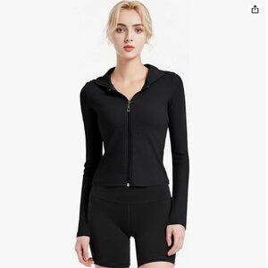 Ribbed Hoodies for Women Lightweight Full Zip Up Jacket - Black - Medium